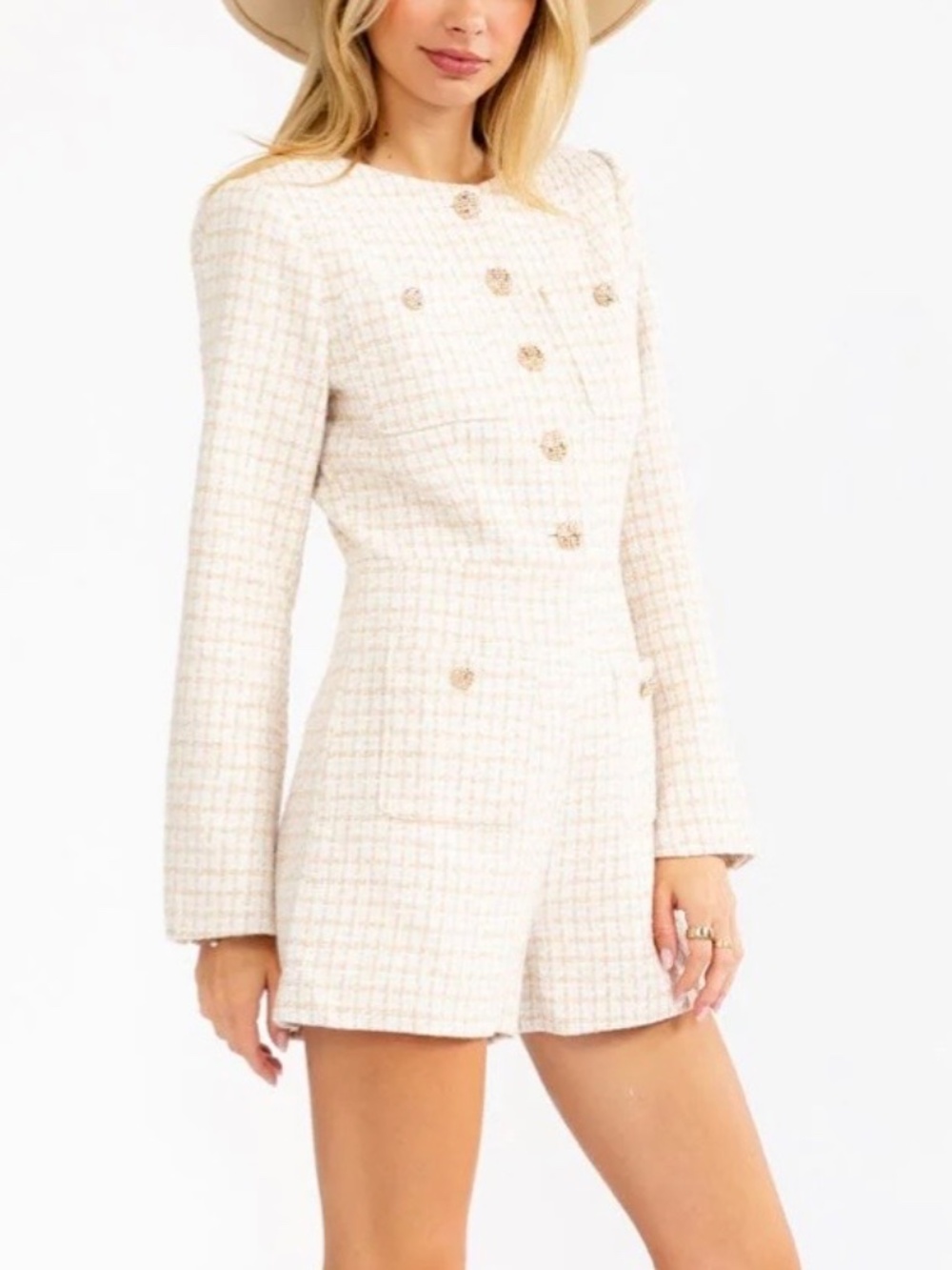 IVORY AND GOLD LONG SLEEVE WOMEN'S TWEED ROMPER WITH POCKETS - NWOT - Picture 4 of 17